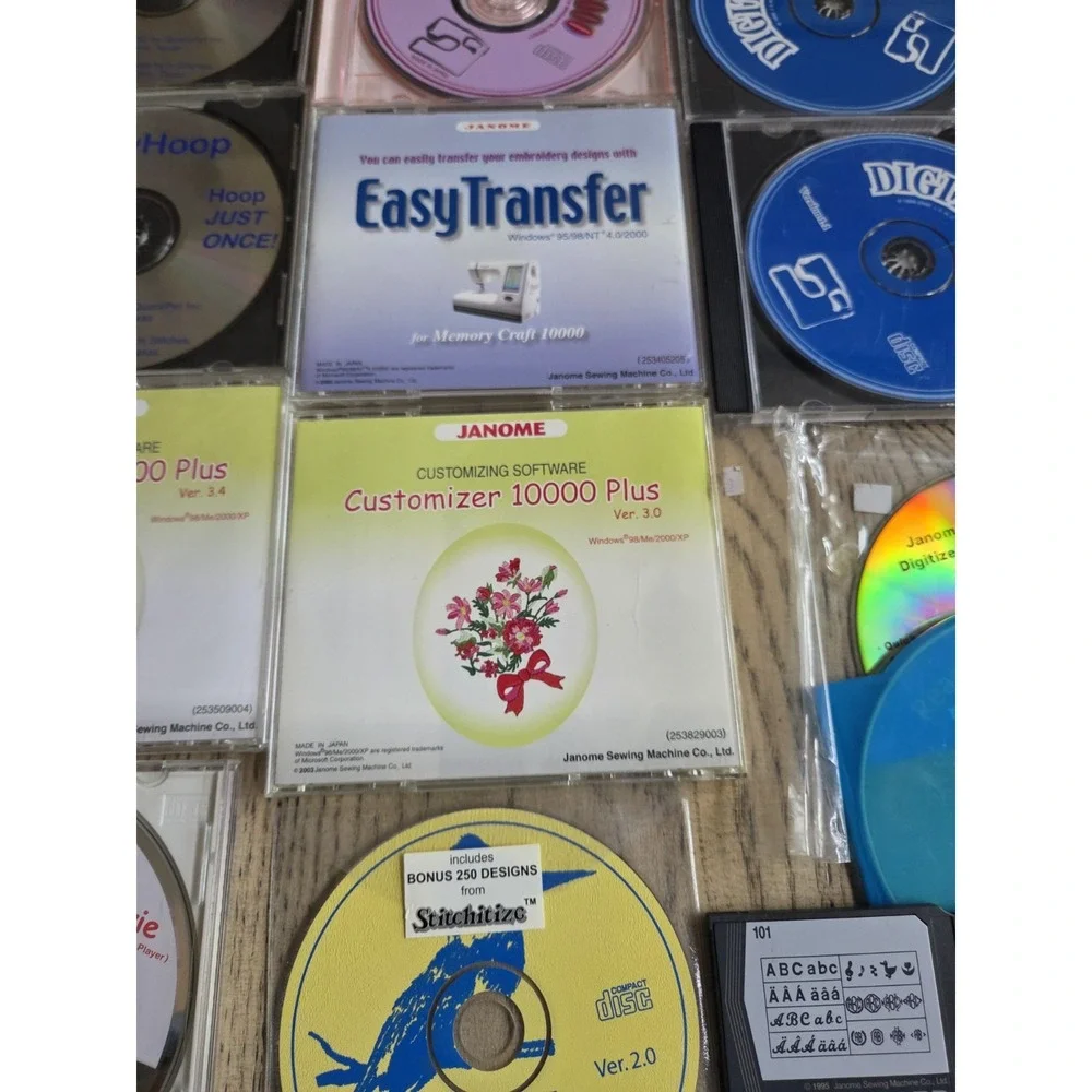 Janome Software Memory Cards Lot Of 20 JANOME Items Customizer Digitizer Vintage
